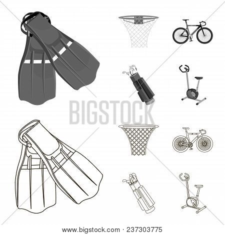 Flippers For Swimming, Basketball Basket, Net, Racing Holograph, Golf Bag. Sport Set Collection Icon