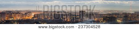 Panorama Of Night Aerial View Of Ivano-frankivsk City, Ukraine. Scene Of Modern Night City With Brig