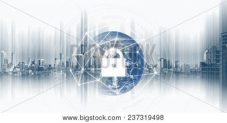 Global Network Security System Technology. Globe And Network Connection And Lock Icon. Element Of Th