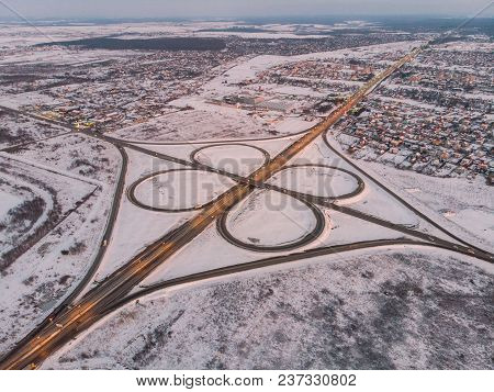Highway Aerial View In Evening. Car Travel Concept