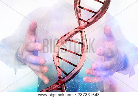 Man With Dna Molecule Between His Hands - Gene Manipulation Concept