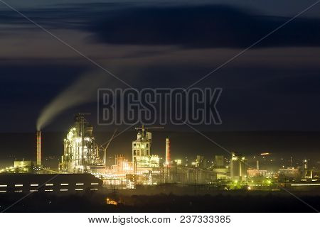 Panorama View Of Cement Plant And Power Sation At Night In Ivano-frankivsk, Ukraine