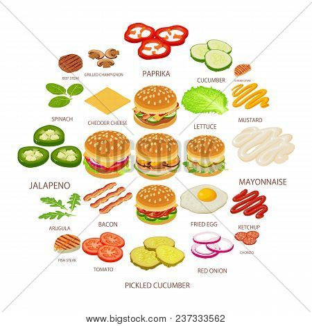 Burger Ingredient Icons Set. Isometric Illustration Of 25 Burger Ingredient Food Vector Icons For We