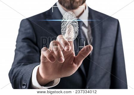 Woman Pressing On Virtual Button With Dactyloscopy Scanner. Fingerprints Identification Concept.