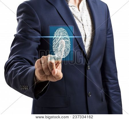 Woman Pressing On Virtual Button With Dactyloscopy Scanner. Fingerprints Identification Concept.