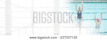 Swimming trainer and children in Swimming pool with transition