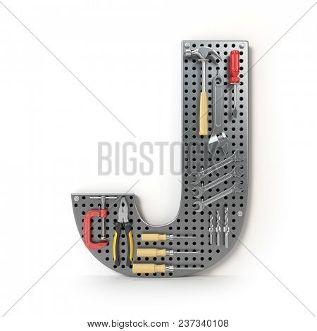 Letter J. Alphabet from the tools on the metal pegboard isolated on white.  3d illustration