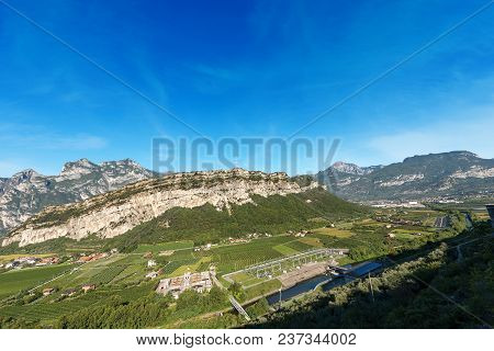 Aerial View Of The Sarca Valley (valle Del Sarca) With The River Near Torbole, Trentino Alto Adige, 