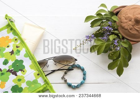 Sunscreen Cream Spf50 For Skin Face With Sunglasses In Bag Accessories For Lifestyle Woman In Summer