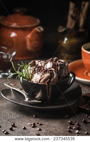 Chocolate Coffee Ice Cream Balls In A Bowl Over Dark Background