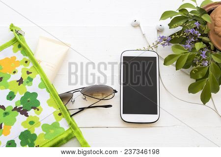 Sunscreen Cream Spf50 For Skin Face With Sunglasses In Bag And Mobile Phone Accessories For Lifestyl