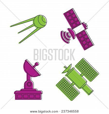 Sattelite Icon Set. Color Outline Set Of Sattelite Vector Icons For Web Design Isolated On White Bac