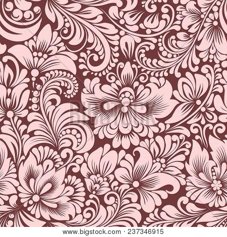 Vector Seamless Pastel Pattern With Abstract Stylized Flowers In Folk Style, Hohloma, Petrikovka. Et