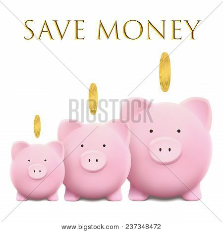 Piggy Bank Vector Illustration With Gold Coin. Saving Bank Account Concept On White Isolated Backgro
