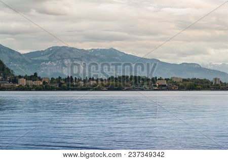 Lake Constance, Bodensee, At Dusk Against Backdrop Of Mountains