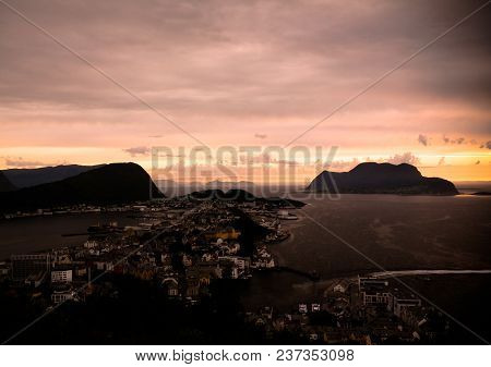 Sunset Panorama View To Alesund From Fjellstua Viewpoint At Norway