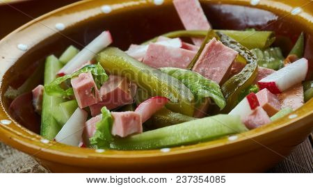 Bavarian Cuisine , Traditional Bayrischer Wurst Salat , Close Up