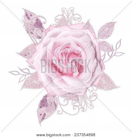 Decorative Decoration, Paisley Element, Delicate Textured Silver Leaves Made Of Fine Lace And Pearls