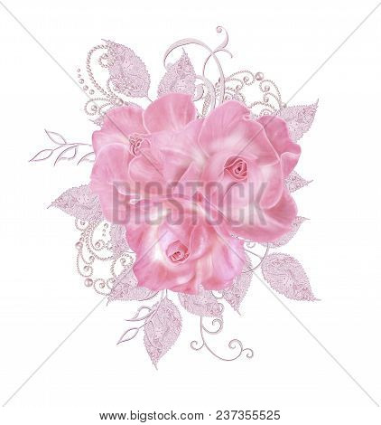 Decorative Decoration, Paisley Element, Delicate Textured Silver Leaves Made Of Fine Lace And Pearls