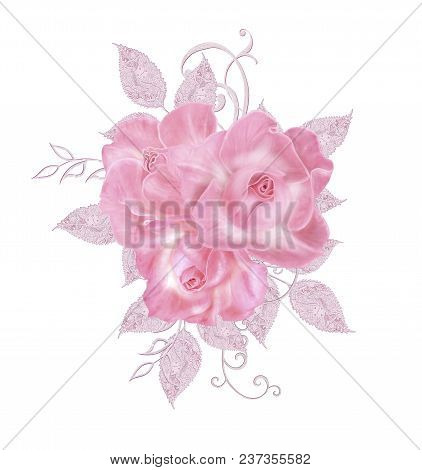 Decorative Decoration, Paisley Element, Delicate Textured Silver Leaves Made Of Fine Lace And Pearls