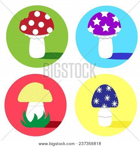 Vector Illustration With Cute Colorful Mushrooms. Background Elements