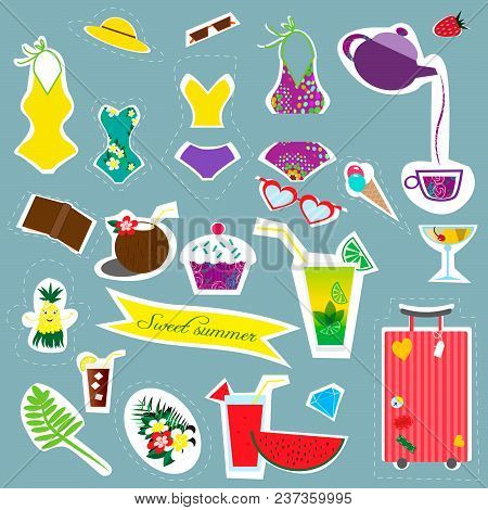 Stickers Summer And Travel Collection. Vector Illustration.