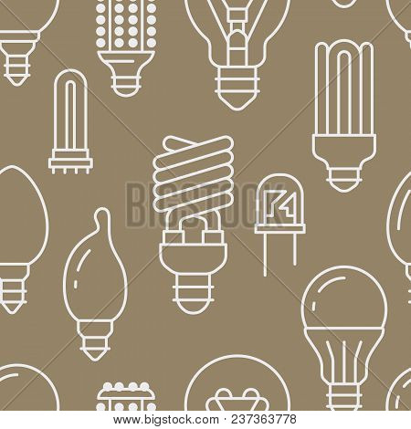 Light Bulbs Seamless Pattern With Flat Line Icons. Led Lamps Types, Fluorescent, Filament, Halogen, 