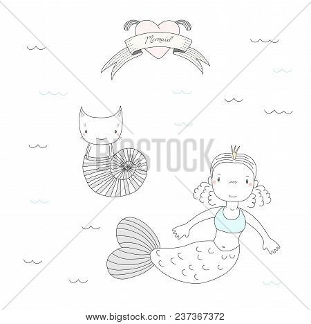 Hand Drawn Vector Illustration Of A Cute Little Mermaid Princess In A Crown And A Cat In A Sea Shell
