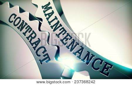 Maintenance Contract On Metallic Cogwheels, Communication Illustration With Glow Effect And Lens Fla