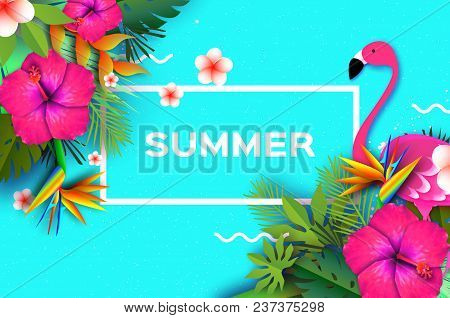 Flamingo And Pink Hibiscus Flower. Tropical Summer. Palm Leaves, Plants, Frangipani - Plumeria In Pa
