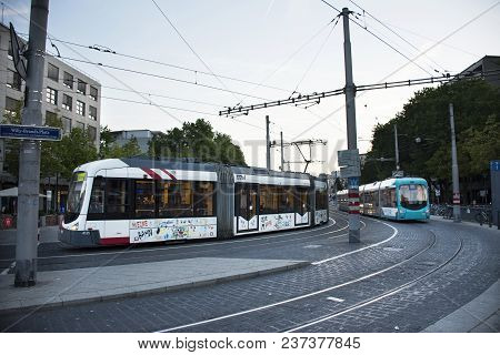 German And Foreigner Travelers People Passenger Tramway And Bus Running Go To Mannheim Hauptbahnhof 