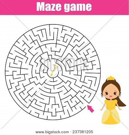 Maze Children Game: Help The Prinsess Go Through The Labyrinth. Kids Activity Sheet