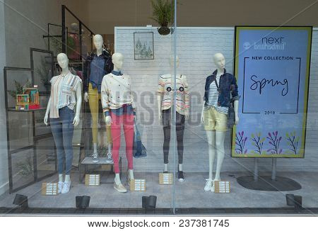 Bracknell, England - April 23, 2018: Window Display Of Spring Fashion Clothing For Women In The Next