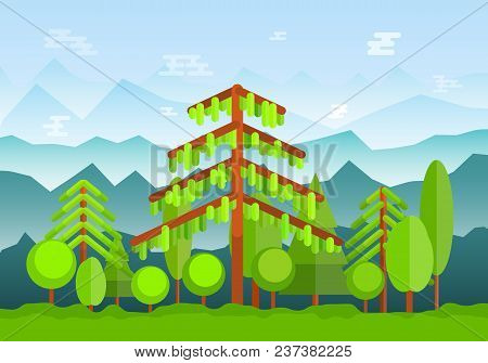 Green Forest Landscape With High Foggy Mountains On Background. Flat Nature Backdrop