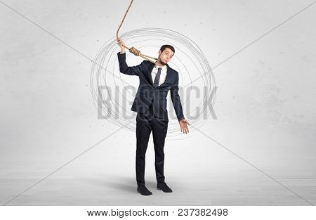 Burnout young elegant businessman trying to suicide with doodle concept