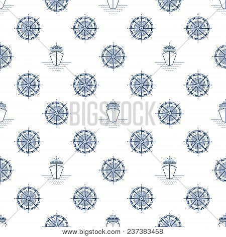 Seamless Travel Pattern, Blue Cruise Ship And Windrose On A White Background, Maritime Tourism Conce