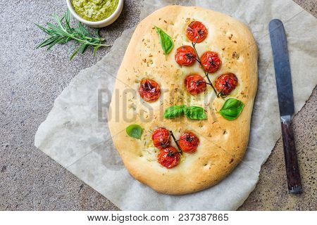 Traditional Italian Focaccia With Tomatoes And Rosemary - Homemade Flat Bread Focaccia, Top View
