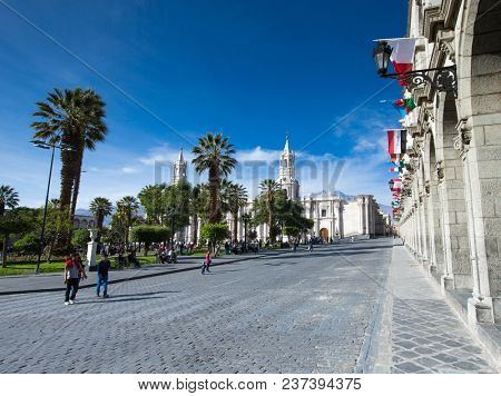 AREQUIPA PERU NOVEMBER 9: Main square of Arequipa with church on november 9 2015 in Arequipa Peru. Arequipa's Plaza de Armas is one of the most beautiful in Peru.