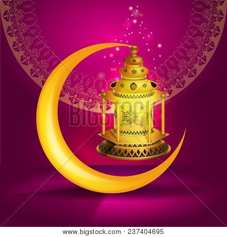 Ramadan Kareem Vector Greetings Design With Lantern Or Fanoos Mock Up With Pink Background. Vector I