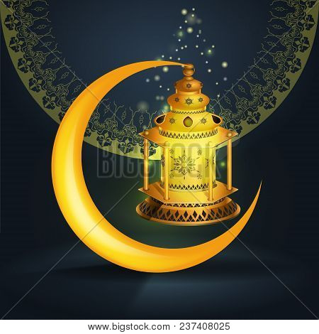 Ramadan Kareem Vector Greetings Design With Lantern Or Fanoos Mock Up With Blue Background. Vector I