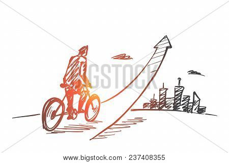 Vector Hand Drawn Start Up Concept Sketch With Young Businessman On Bicycle Riding Up And Big City A