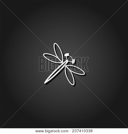 Dragonfly Icon Flat. Simple White Pictogram On Black Background With Shadow. Vector Illustration Sym