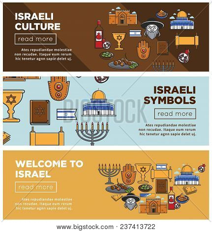 Israeli Culture And Symbols Internet Web Pages Set. Architectural Sights, Religion Elements And Nati