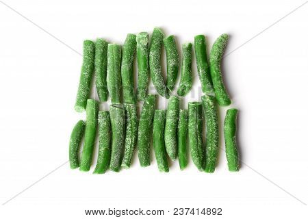 Frozen String Beans Are Arranged In Two Rows Isolated On A White Background