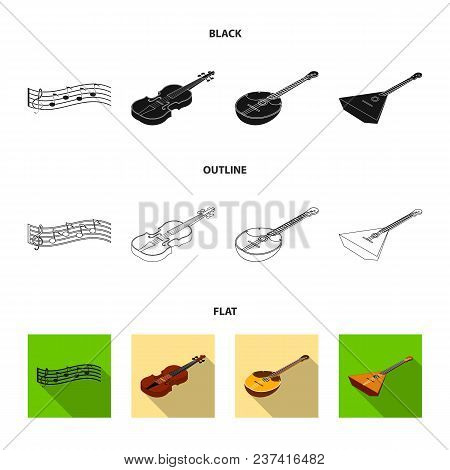 Musical Instrument Black, Flat, Outline Icons In Set Collection For Design. String And Wind Instrume
