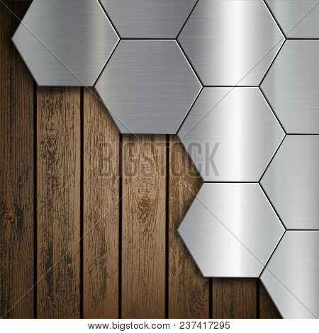 Texture Of Brushed Metal Honeycombs On A Wooden Background. Stock Vector Illustration.