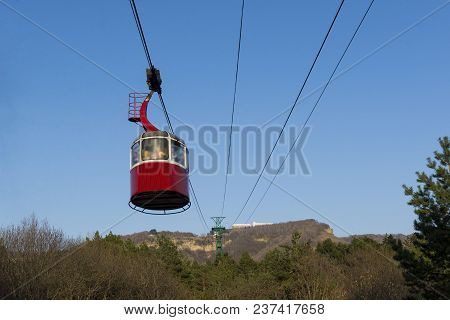 Red Cable Car Cabin On The Blue Sky, Ropeway, Cableway