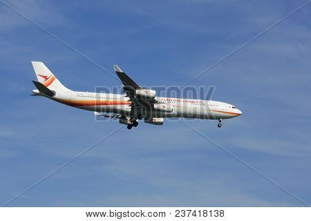 Amsterdam The Netherlands - April, 19th 2018: Pz-tcr Surinam Airways Airbus A340-300 On Final Approa