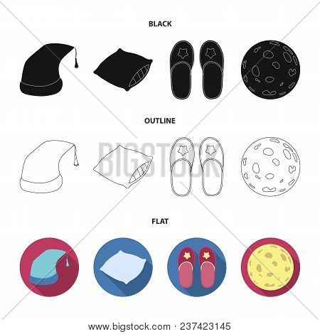 Night Cap, Pillow, Slippers, Moon. Rest And Sleep Set Collection Icons In Black, Flat, Outline Style