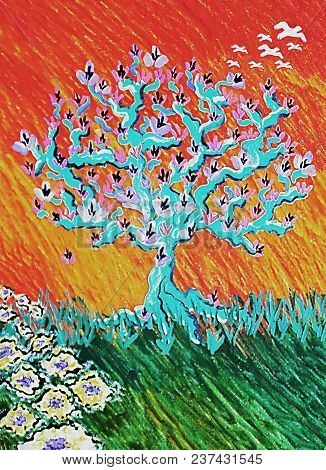 Acrylic Painting On Canvas Of An Abstract Flowering Tree With Birds And Grassy Field